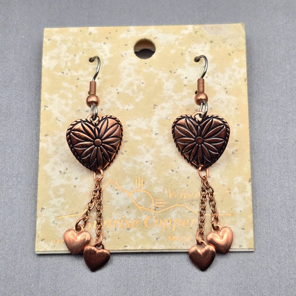 Wheeler Heart-Shaped Copper Dangle Earrings 2" Chain Fringe w/ Hearts Southwest